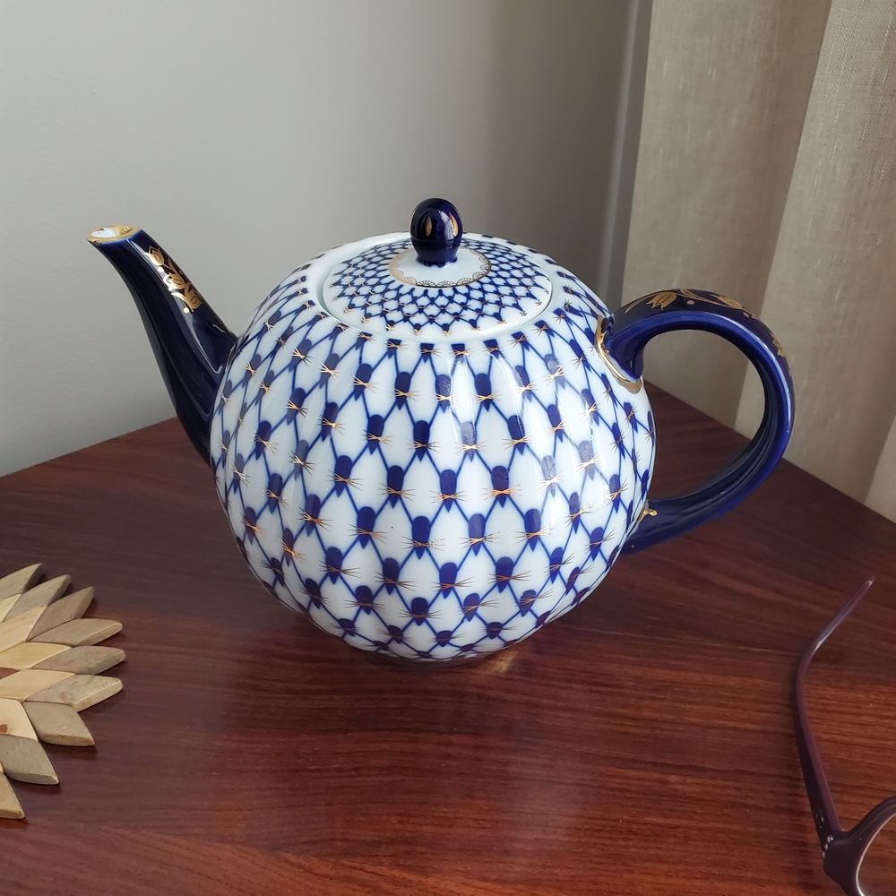 Cobalt Blue and White Teapot